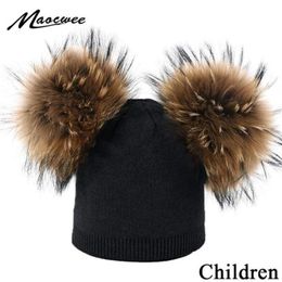 Beanie Hat For Children With Double Real Fur Pompons Knitted Winter Solid Colour Hat For Kids Outdoor Warm Gorros Skullies Caps LJ2230e