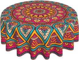 Table Cloth Red Mandala Tablecloth 60 Inch Round Washable Polyester Boho Fabric Farmhouse Cove for Picnic Camping Holiday 230615
