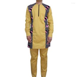 Men's Tracksuits African Patchwork Shirts With Solid Trousers Yellow Cotton Long Sleeves Men's Sets Tailored Nigerian Fashion Groom Suit