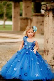Girl Dresses Royal Blue Little Flower Girls Short Sleeve Princess Kids First Communion Gown Floor Length Toddler Christening Dress