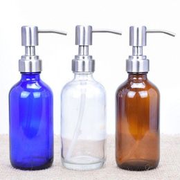 8 Ounce Empty Glass Boston Pump Bottles with Stainless Steel Pump Dispenser for Essential Oil, Soap Liquid, Lotion Fgbax