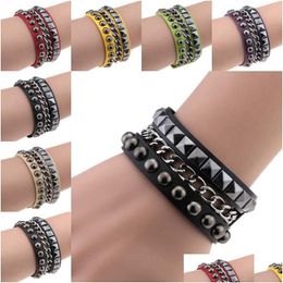 Charm Bracelets Square Rivet Pu Leather Bracelet Bangle Cuff Wrap Wristband Punk Gothic Snap Button Mtilayer Hip Hop Fashion Drop De Dh3Qx