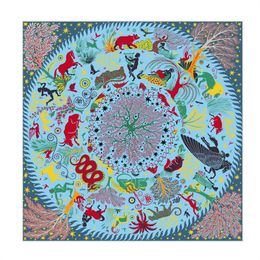 Silk Scarf Women Animals Wheel Printing Square Scarves Head Echarpes Silk Foulards Femme Wraps Beach Shawls Bandana Lady Hijabs 90CM X 90CM