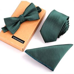 Bow Ties Mens Green Necktie Sets Corbatas 6 Cm And Pocket Square Tie Set 3pcs Bowtie Stripe Black Neck Handkerchief Man Gift 230615