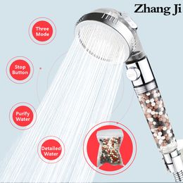 Other Faucets Showers Accs ZhangJi 3 Modes Adjustable High Pressure Shower Head Tourmaline Replaceable Philtre SPA Water Saving Switch Button 230616