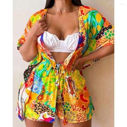 Women's Tracksuits Summer Women Allover Print Short Sleeve Open Front Top & Shorts Set 2023 Femme Casual Two Pieces Lady Clothing