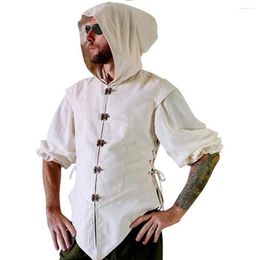 Men's Casual Shirts Fashion Mens Cotton Linen Shirt Solid Rope Slim 3/4 Sleeve Ethnic Mental Button Hooded Tshirt Medieval Men Top