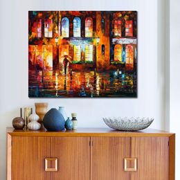 Stunning Landscape Canvas Art Night City Hand Painted Urban Streets Painting Lobby Decor