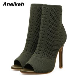 2023 New Spring Autumn Women Ankle Boots Peep Toe Thin High Heel Stretch Fabric Boots Sexy Cut-Out Shoes Classics Black