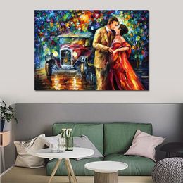 City Life Landscape Canvas Art Old Kiss Hand Painted Kinfe Figure Painting for Hotel Wall Modern