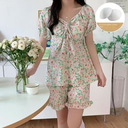 Women's Sleepwear Summer Sweet Flower Pyjamas Women Woven Crinkle Cloth V-neck A Shoulder Two Wear Double Short With Chest Pad Sleep Home