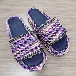 Cord Multicolors Platform Slippers Interlocking C Buckle Slides Chain Lined Sandals Thick Bottom Flats women summer shoes Tan Straw mules loafer