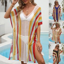 Cover-ups Two Piece Dress Knitted Beach Tunic for Woman Swim Cover Up String Split Beachwear Crochet Swimsuit Cover-ups Stripped Pareo Bathing Suit 230616