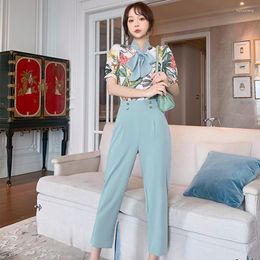 Women's Two Piece Pants Vintage Puff Sleeve Tops Women Elegant OL High Waist Straight Casual Print Single-Breasted Button Shirt Blouse