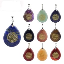 Natural Stone Waterdrop Shape Aura Pendants Necklace Engraved Flower Of Life Reiki Symbol Creative Amulet Pendant Healing Crystal