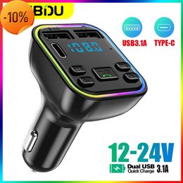 New Car Bluetooth 5.0 FM Transmitter PD Type-C Dual USB 3.1A Fast Charger 7 Colour Ambient Lightt Car MP3 Player Handsfree Kit