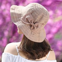 Berets HT3550 Spring Summer Hat Women Solid Big Bow Bucket Lady Packable Fishing Cap Casual Anti-UV Wide Brim Sun Panama