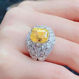 Cluster Rings Luxury Full Yellow Crystal Citrine Gemstones Diamonds For Women 18k White Gold Silver Color Fine Jewelry Lady Gifts Bijoux