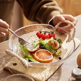 Plates Glass Fruit Salad Bowl Rattan Handle Pastry Bread Cooking Plate Soup Basin Home Kitchen Round Tableware Snack Dessert