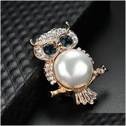 Pins Brooches Crystal Blue Eye Owl Brooch Pins Gold Animal Breastpin Women Men Fashion Jewellery Will And Sandy Drop Delivery Dhxma