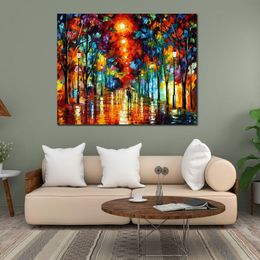 Vibrant Street Art on Canvas Night Park Handmade Contemporary Oil Painting for Living Room Wall