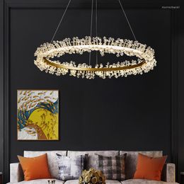 Pendant Lamps Modern LED Chandelier Round Gold Ring Clear Crystal For Parlor Dining Room Bedroom Lighting Wire Adjustable