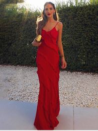 Casual Dresses Women's Summer Chiffon Dress Red Black 2023 Sexy Elegant V-neck Spaghetti Strap Backless Ruffles Long Maxi Evening Party
