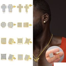 Stud Hip Hop Screwback Earrings Cylinder Shape Bling White Zircon Dangle Gold Plated Vintage Geometric Jewelry Drop Delivery Dhjpk