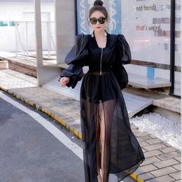 Women summer puff long sleeve gauze fabric perspective zipper front maxi long sunscreen cardigan sun protection desinger coat cape SMLXL