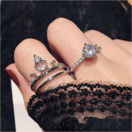 Other Jewellery Sets 2In1 Detachable Zircon Crown Ring Set Open Adjustable Combination Stacking Rings Band Women Engagement Wedding Gi Dhhpl