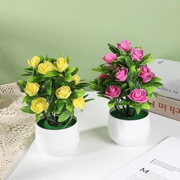 Decorative Flowers Artificial Bonsai Easy Care Realistic No Watering Non-withered Anti-fading 12 Fake Rose Potted Plant Home