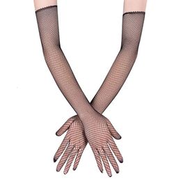 Five Fingers Gloves Sexy Black Fishing Net Stretch Full Finger Women's Halloween Perforated Hollow Punk NightClub Cosplay Long Mittens 230615