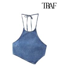 Women's Tanks Women Fashion Cropped Denim Halter Tank Tops Sexy Backless With Adjustable Straps Female Camis Mujer