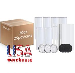 USA CA Warehouse 20oz Blanks White Sublimation Mugs Water Bottle Drinkware Stainless Steel Tumblers With Plastic Straw And Lid 0616