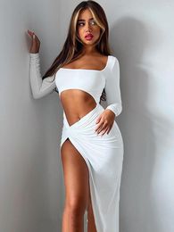 Casual Dresses Elegant Long Sleeve High Rise Slit Maxi Dress Women's Clothing Cut Out Ruched Twist Knot Club Party Gown