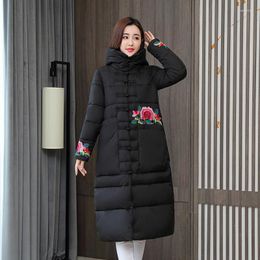 Women's Trench Coats Women Cotton Warm Large Sizes Jacket Floral Embroidery Loose Puffer Hooded Single Breasted Thick Parkas Female