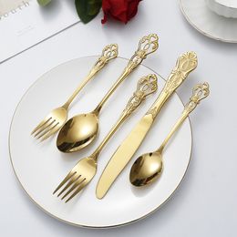 5PCS Stainless Steel Royal Cutlery Set Luxury Tableware Relief Handle Gold Fork Knife Flatware Set for Wedding