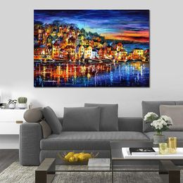 Handmade Canvas Art Quiet Town Contemporary Oil Paintings Streets People Painting Bathroom Decor