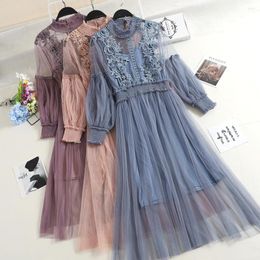 Casual Dresses Women Tulle Dress Sweet Spring Autumn Long Sleeve Vintage Floral Embroidery Midi Vestido Mujer Ladies Elegant Mesh