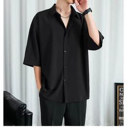 Men's Casual Shirts 2023 Men's Ice Silk Shirt Thin Hong Kong Style Short Sleeve Loose POLO Collar Single Breasted Solid Colour Versatile