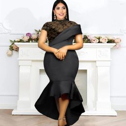 Party Dresses Black Mermaid Dreses Lace High Neck Short Sleeves Pleats Ruffles Front Long Back Elegant Evening Dress Big Size 2023