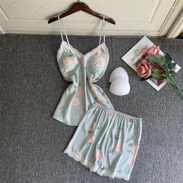 Women's Sleepwear Summer Blue Women Print Pyjamas Set Sexy Lace Strap Top&shorts Pijamas Suit Novelty Casual Satin Home Wear Lingerie