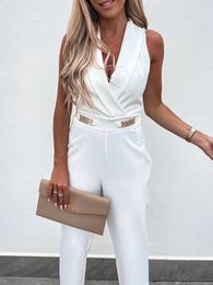 Women's Jumpsuits Rompers Female Backless V Neck Solid Zipper Jumpsuit Off Shoulder Sleeveless Overalls With Pockets Casual Women Summer Slim Long Rompers 230616