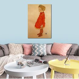 Little Girl with Blond Hair in A Red Dress Egon Schiele Oil Painting Handmade Modern Artwork High Quality Wall Decor