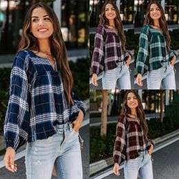 Women's Blouses Spring And Autumn European American Women's Plaid Printed Long Sleeve V-neck Fashionable Casual Loose Blouse