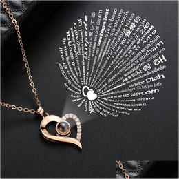 Pendant Necklaces 100 Languages I Love You Diamond Heart Necklace Copper Memory Projection Chains For Women Fashion Jewelry Drop Del Dhp8H