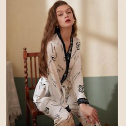 Women's Sleepwear Printing Flowers Long Sleeve Women Pajamas Nightwear Sleep Suit Shirt V Neck Homewear Casual Silk Home Clothing Outside