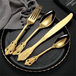 Dinnerware Sets 4 Pieces Retro Flatware Black Cutlery Set 18/10 Stainless Steel Golden Metal Knife Fork Spoon Wedding Dinner Tableware