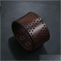 Bangle Retro Triangle Hollow Hole Leather Cuff Button Adjustable Bracelet Wristand For Men Women Fashion Jewelry Drop Delivery Bracel Dh8Jx