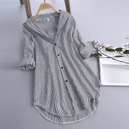 Women's Blouses Cotton Linen Blouse For Lady Casual Stripe Long Sleeve Shirts Loose Turn-Down Collar Button Top Womens Plus Size S-5xl